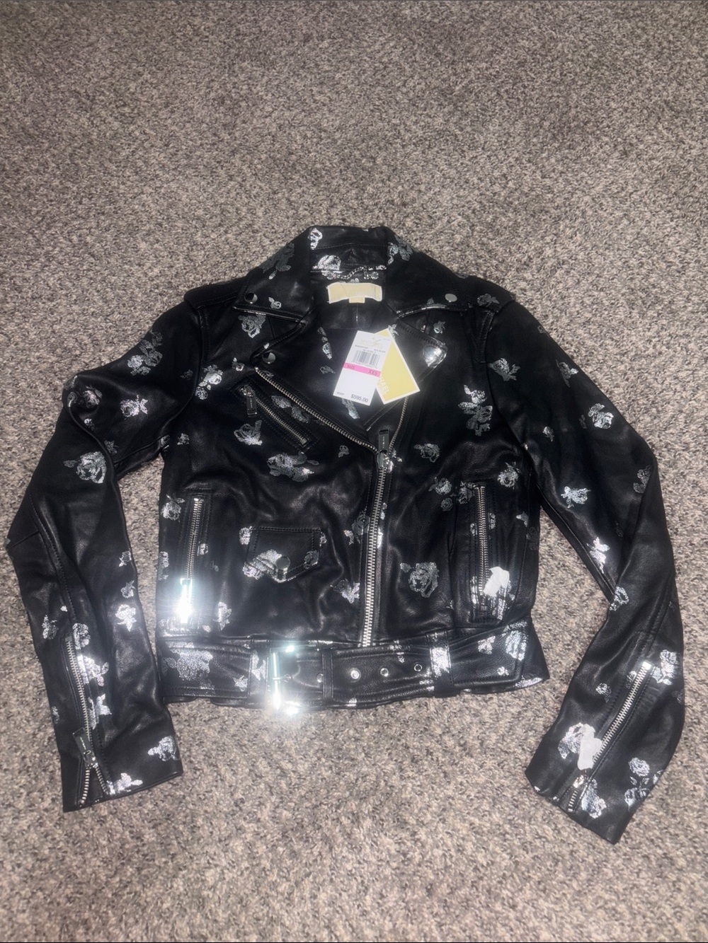 Michael Kors Black Leather Jacket with Silver Floral Accents